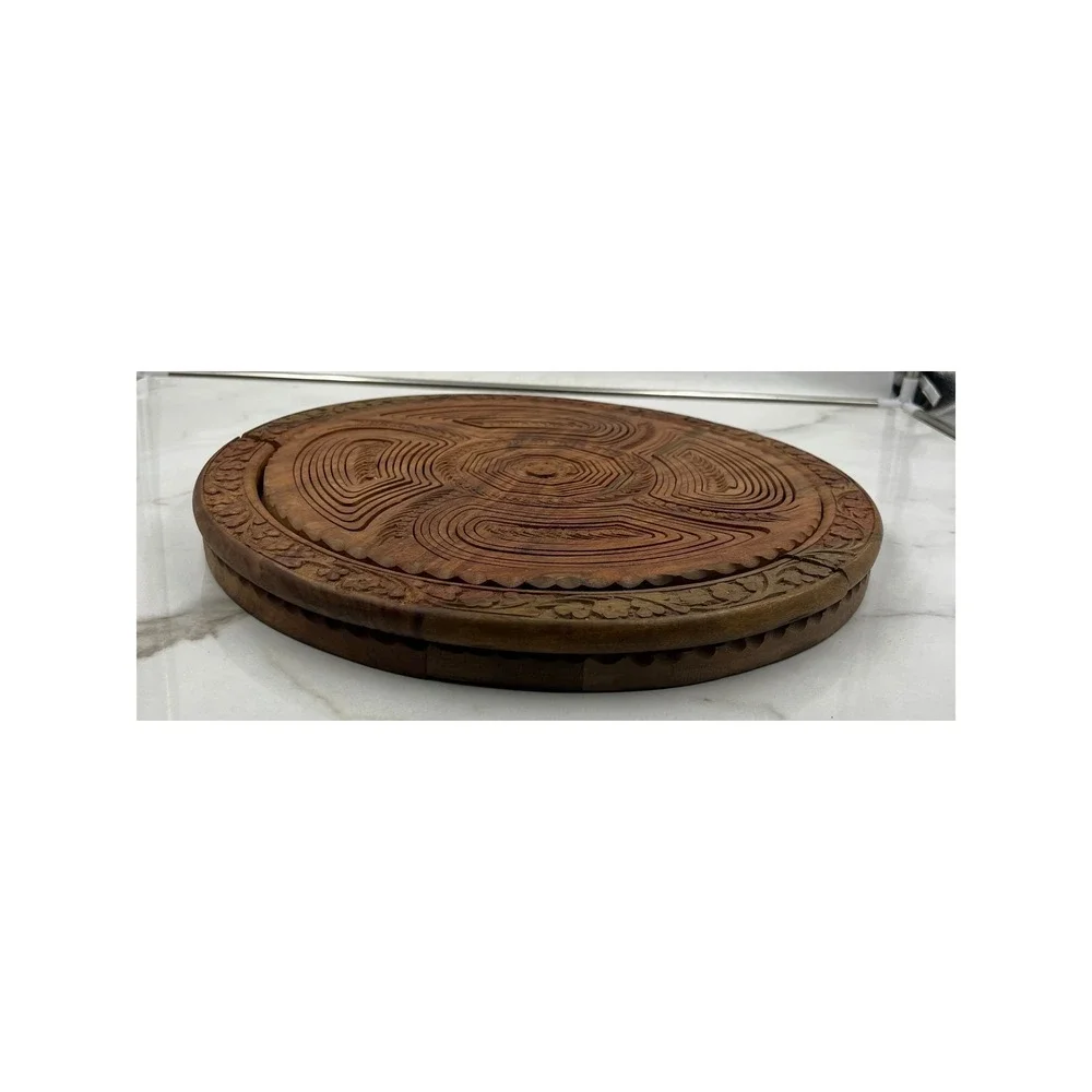 Hand Carved Collapsible Wooden Fruit Basket Spiral Design 5 Compartment Trivet